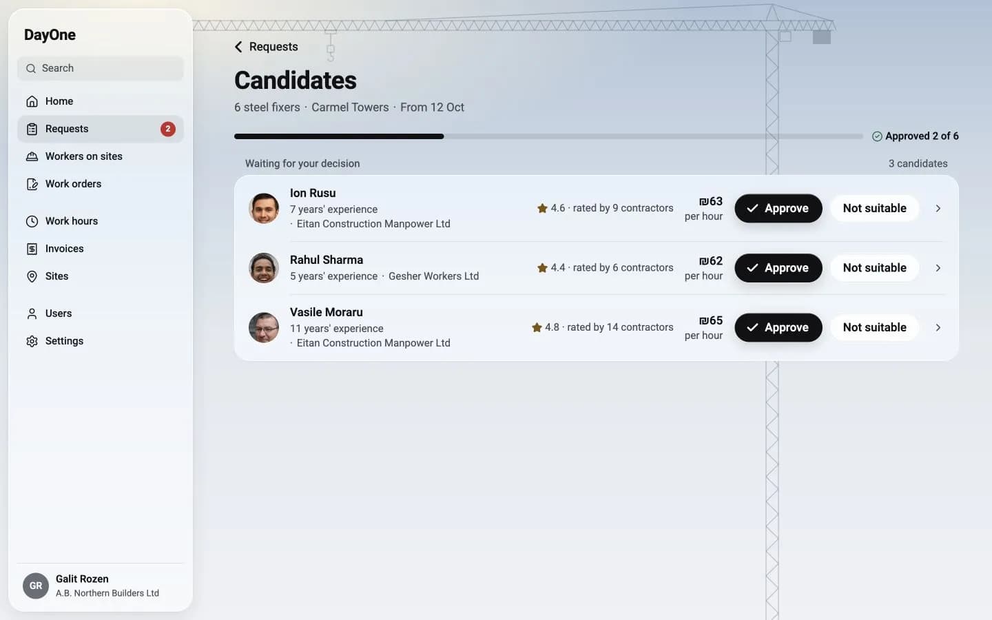 Contractor desktop candidates: trade, experience, rating and hourly rate