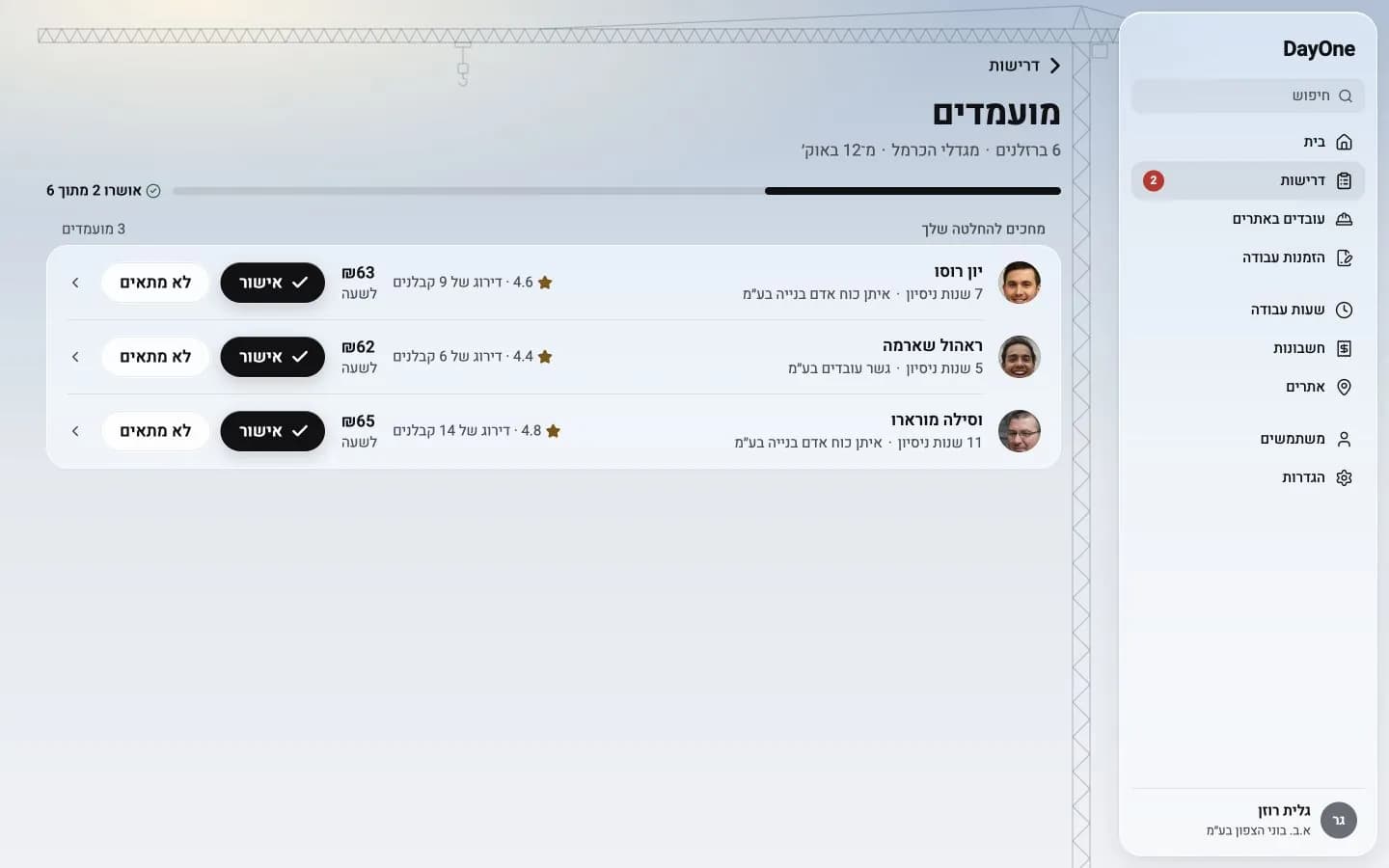 מועמדים במחשב של קבלן: מקצוע, ניסיון, דירוג ומחיר לשעה