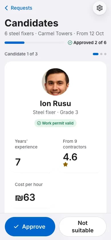 A candidate on a contractor's phone: experience, rating and price an hour, approved with one tap