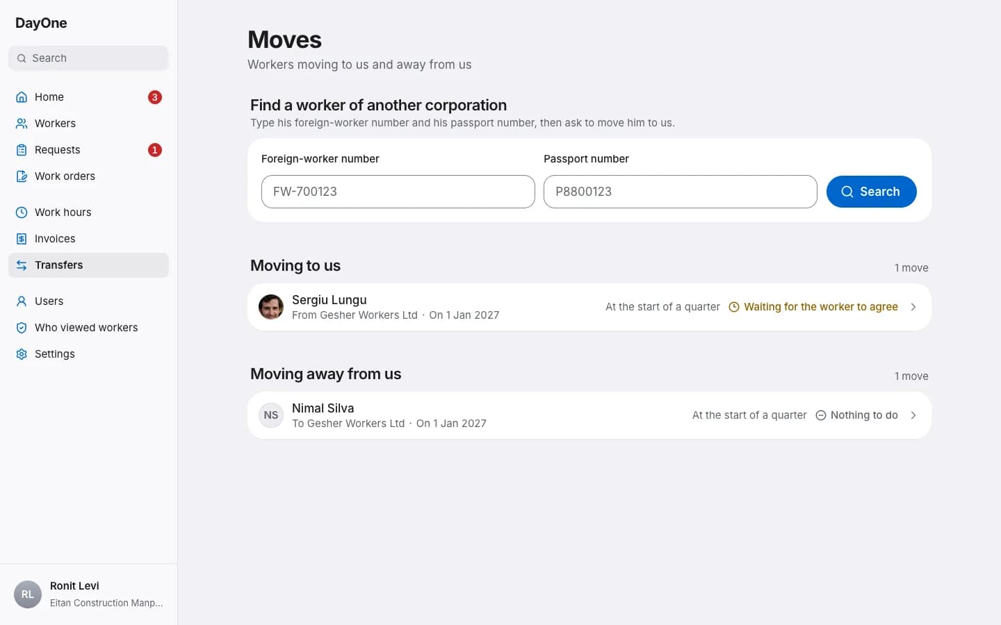 Moves between corporations: finding another corporation's worker, and workers moving in and out