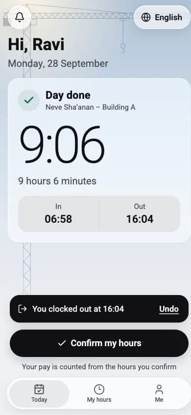 Worker day on phone: clock-in, clock-out and hours confirmation