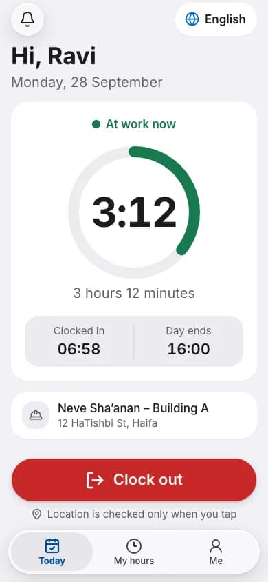 A worker's phone in the middle of a workday: the time since he clocked in, and the button to clock out