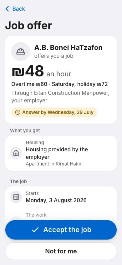 A job offer on a worker's phone: the pay, the housing and the job, and a button to accept it