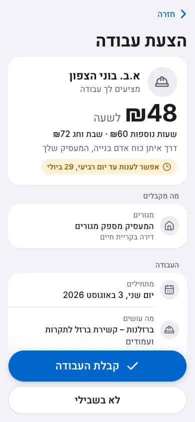 הצעת עבודה בטלפון של עובד: השכר, המגורים והעבודה, וכפתור לקבל אותה